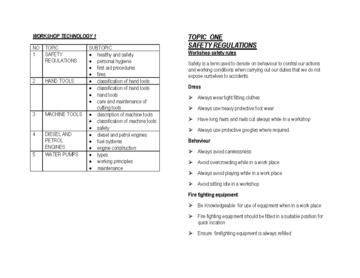 Workshop Technology 1: Safety Regulations and Hand Tools Notes - Studocu