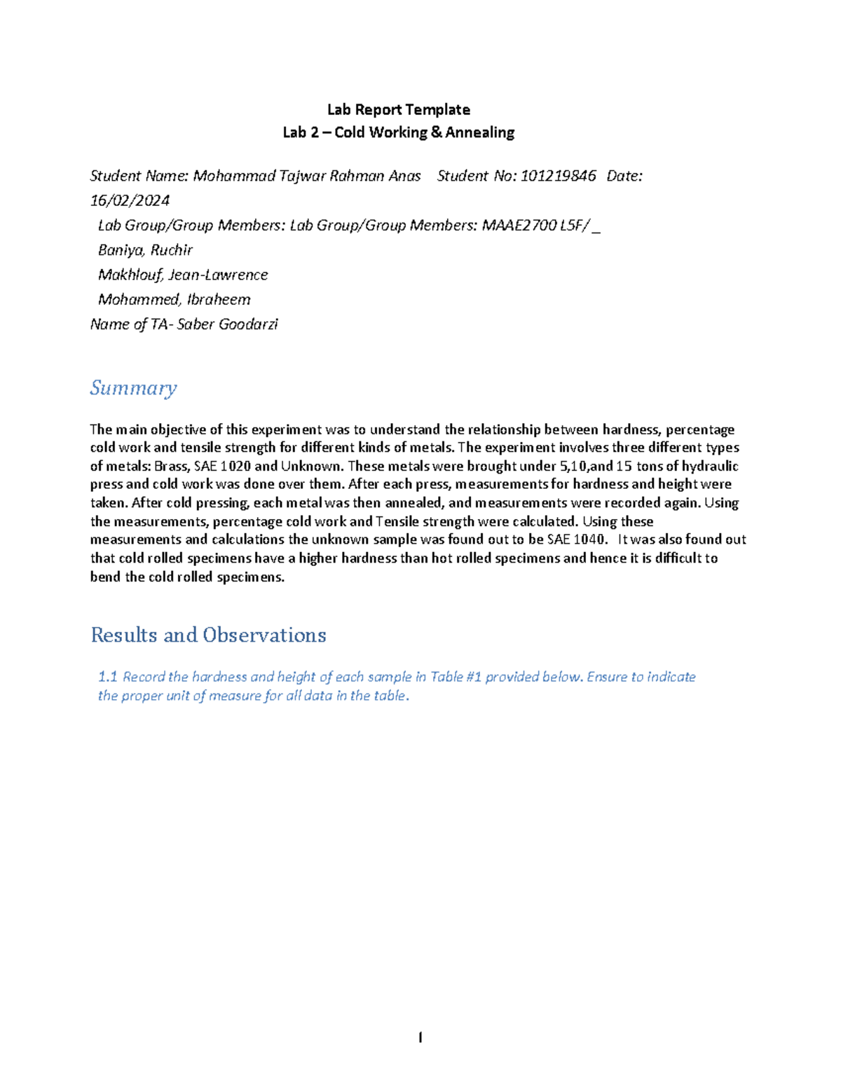 Lab Report 2: Cold Working & Annealing in MAAE2700 L5F - Studocu
