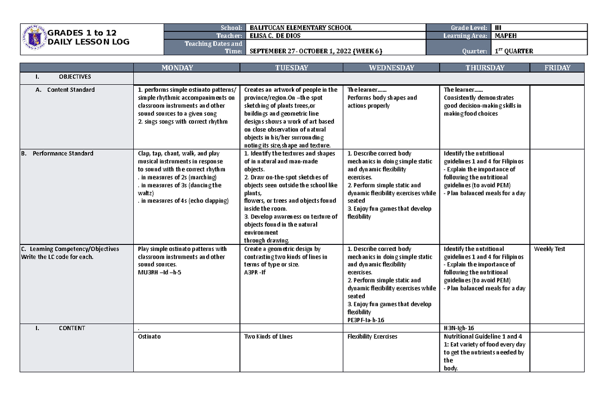 DLL Quarter 1 Week 6 Mapeh 3 - GRADES 1 to 12 DAILY LESSON LOG School ...