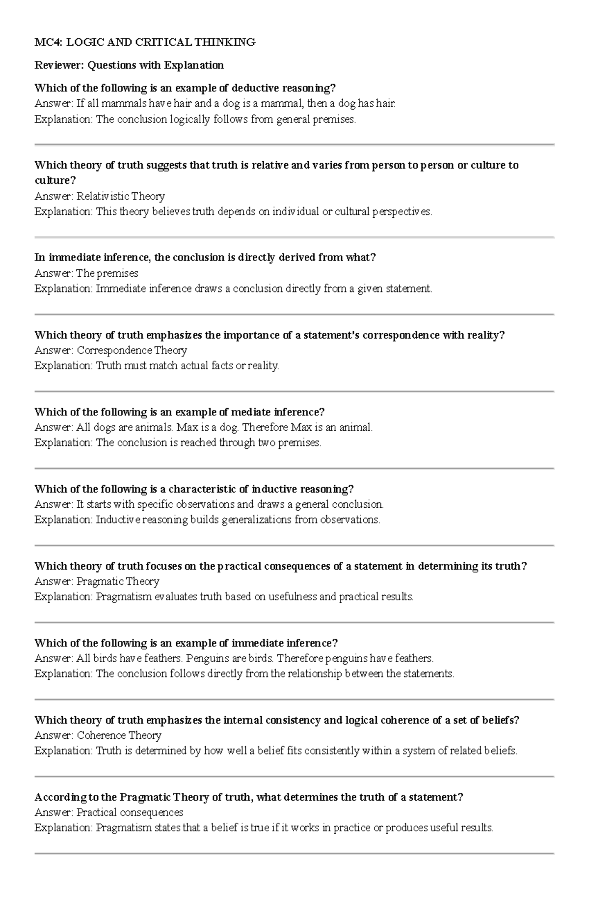 MC4: Logic and Critical Thinking Midterm Reviewer with Explanations ...