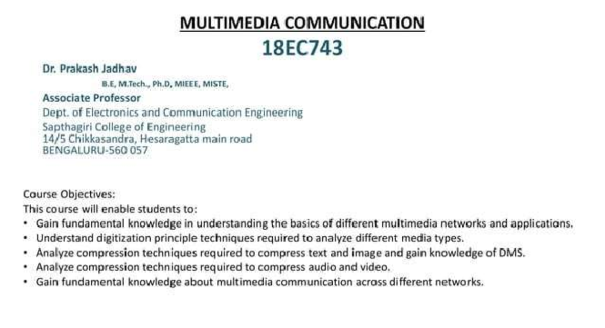 Multimedia Communication Overview - 18EC743 Lecture Notes - Studocu
