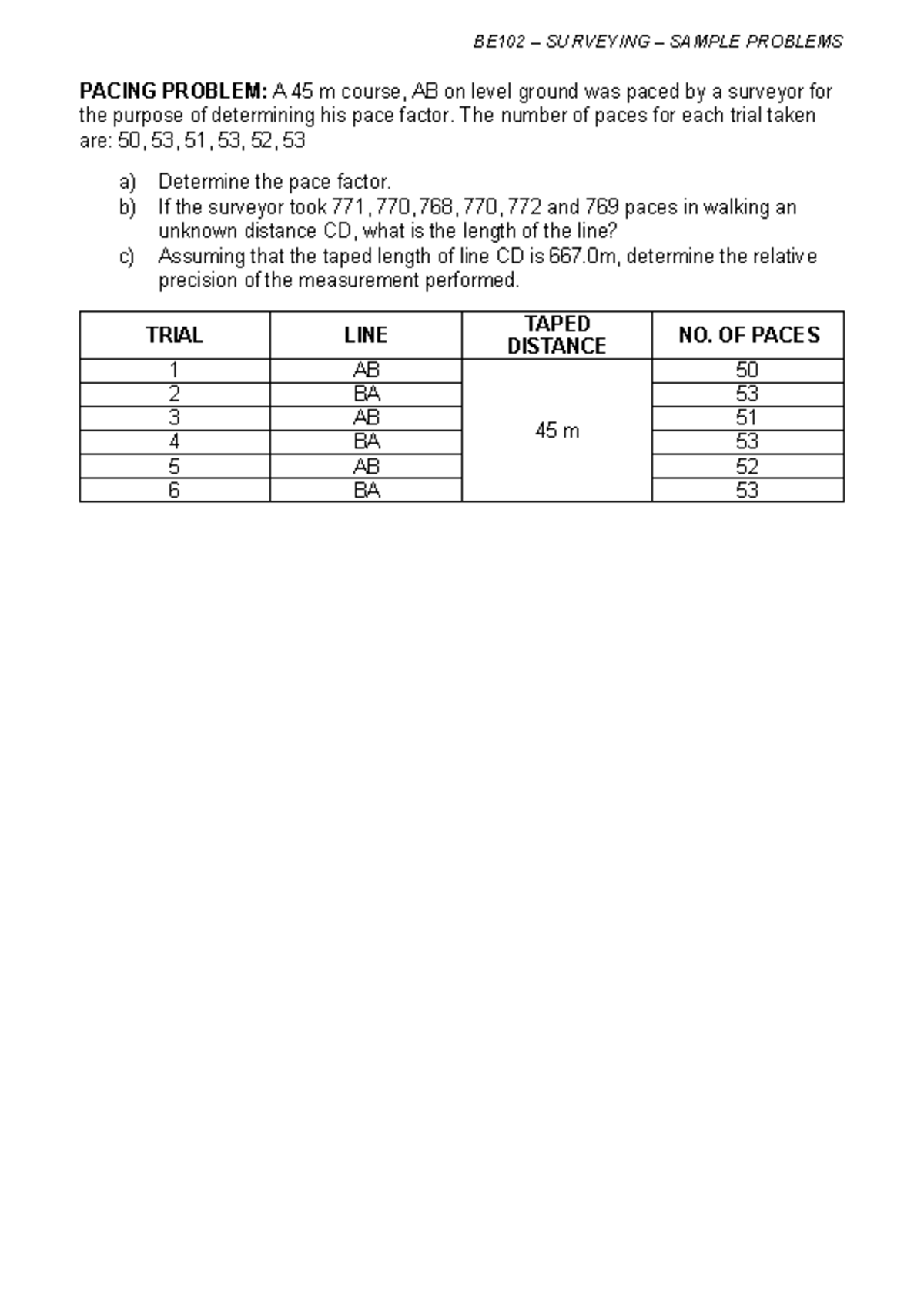 BE102 SURVEYING SAMPLE PROBLEMS: Pacing, Corrections & Leveling ...