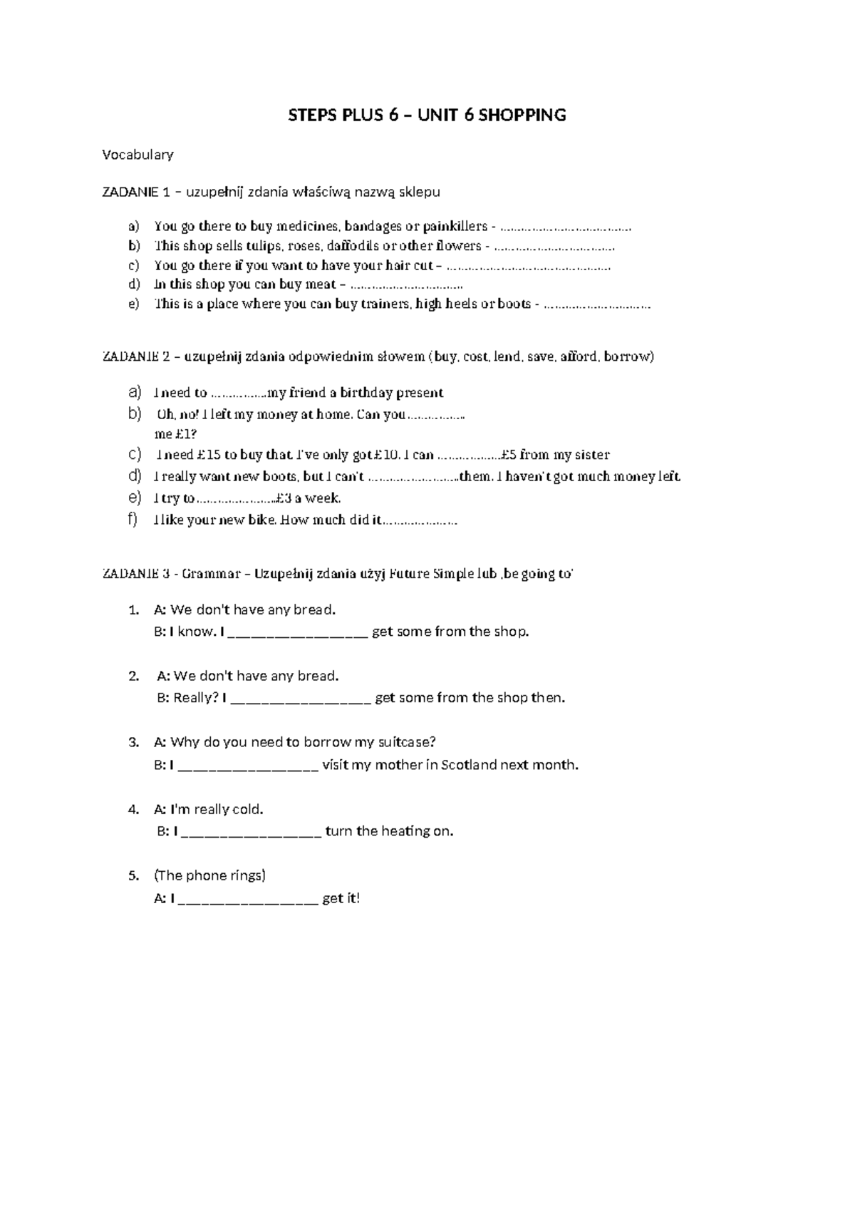 Steps PLUS 6 Unit 6 Shopping Test and Exercises - Studocu