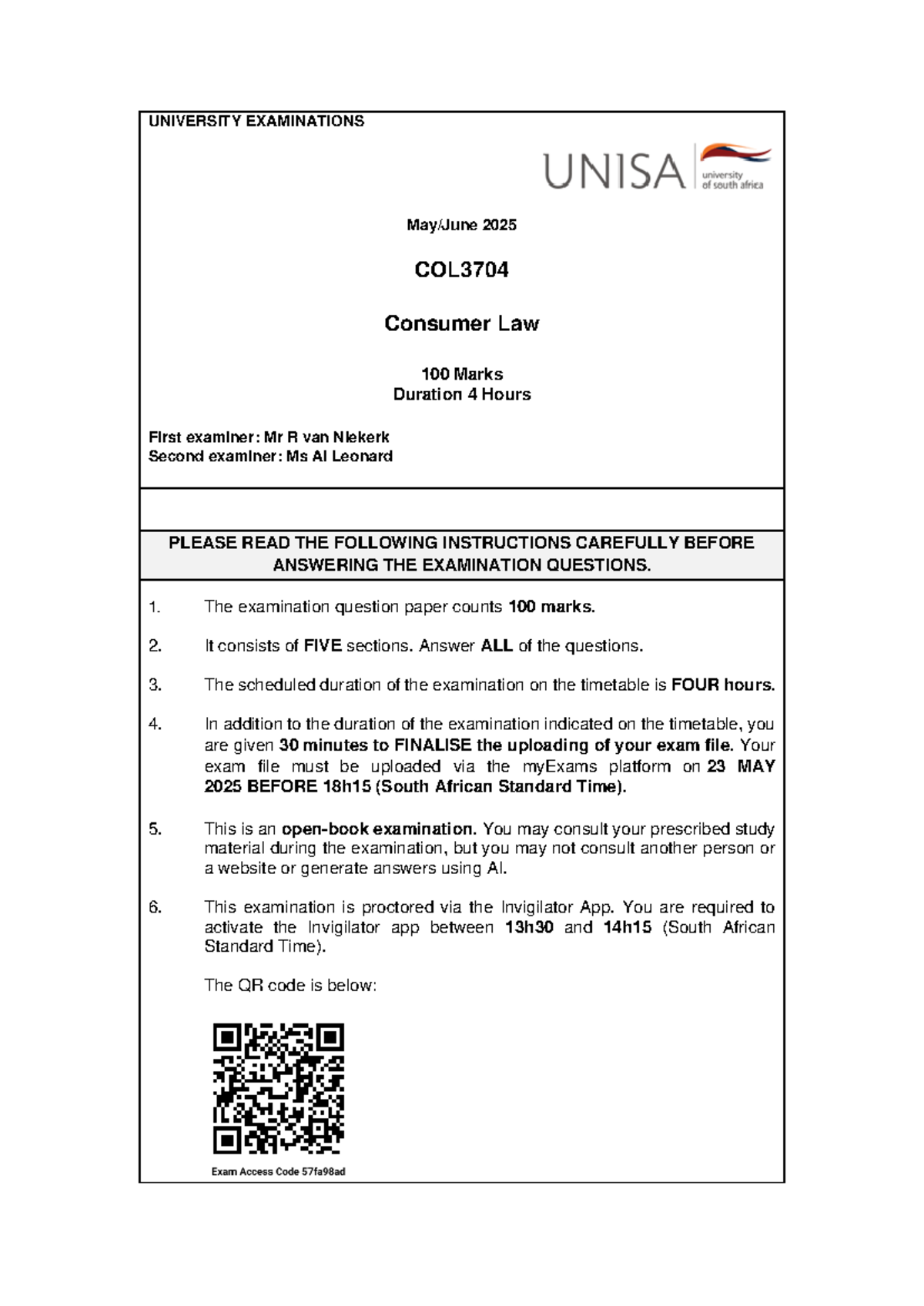 COL3704 2025 Consumer Law Final Exam Instructions and Guidelines - Studocu