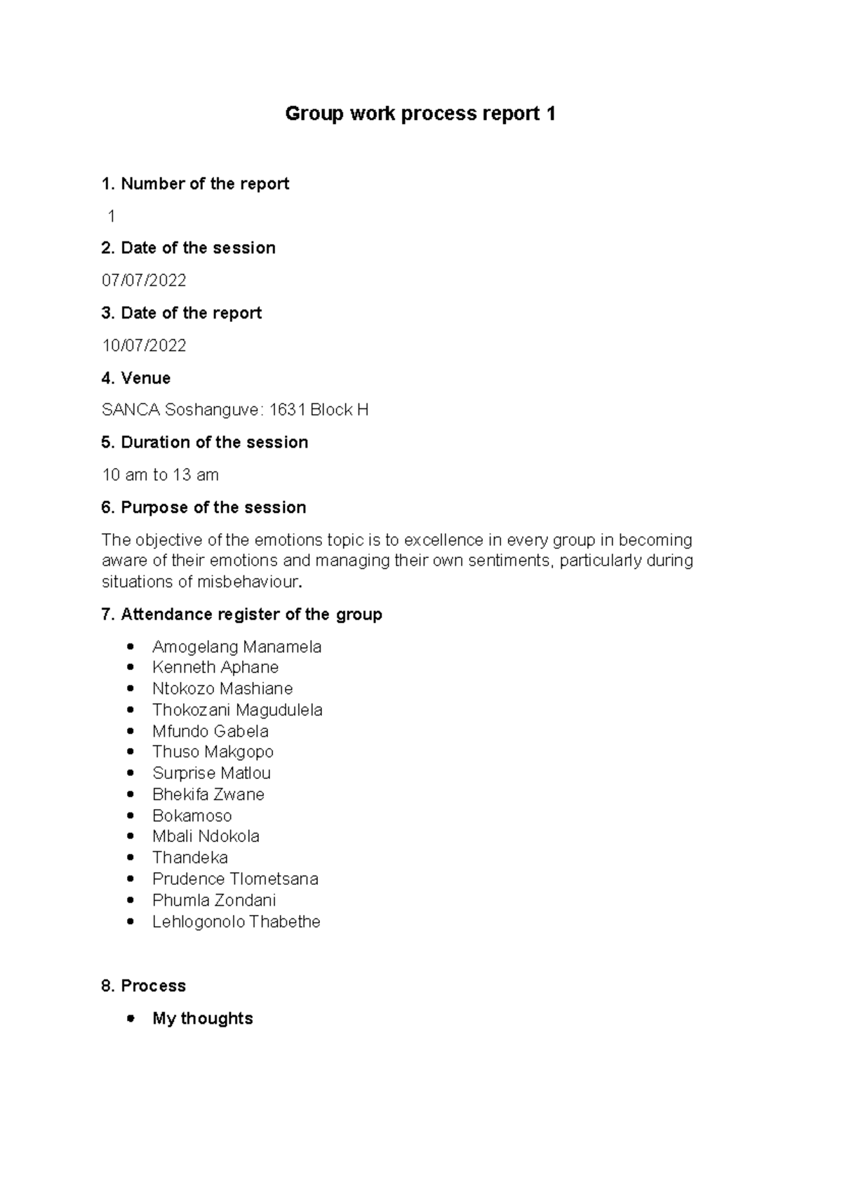 Group Work Process Report 1: Emotions Management Session - Studocu