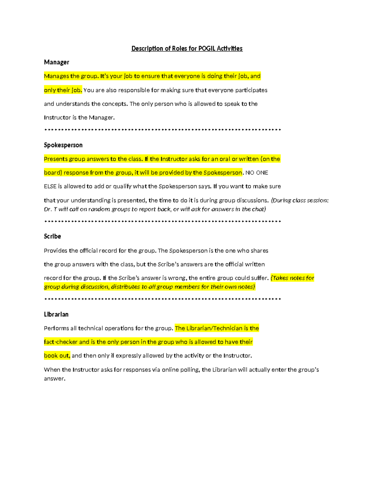 Description of Roles for Week 1 Activities(1) - Description of Roles ...