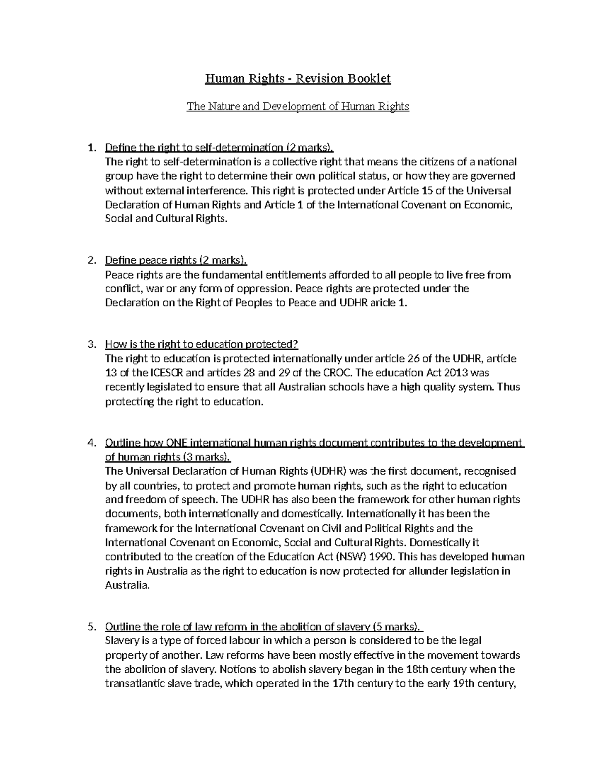 Human Rights Short Answer Revision for Exam Prep - Studocu
