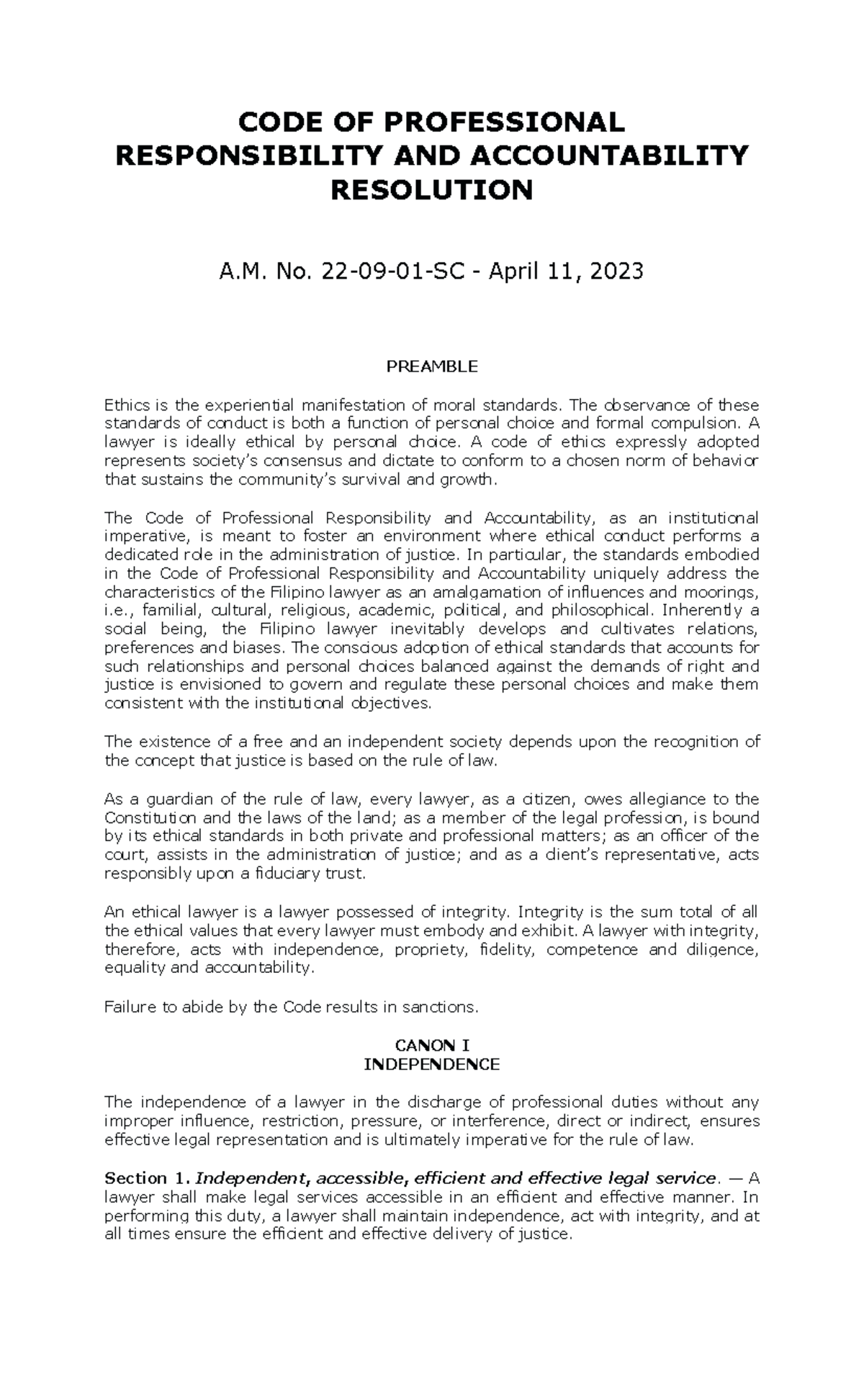 Revised Title: A.M. No. 22-09-01-SC: Code of Professional ...