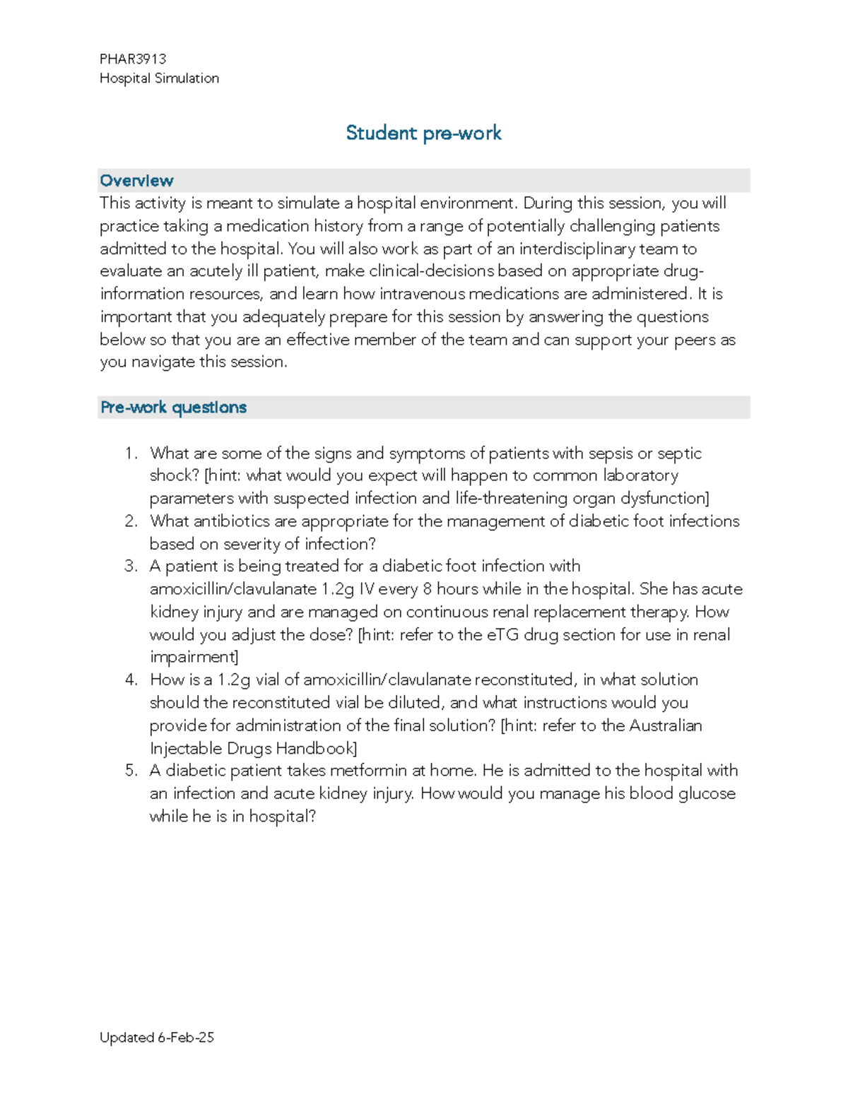 PHAR3913 Hospital simulation prework notes for effective teamwork - Studocu