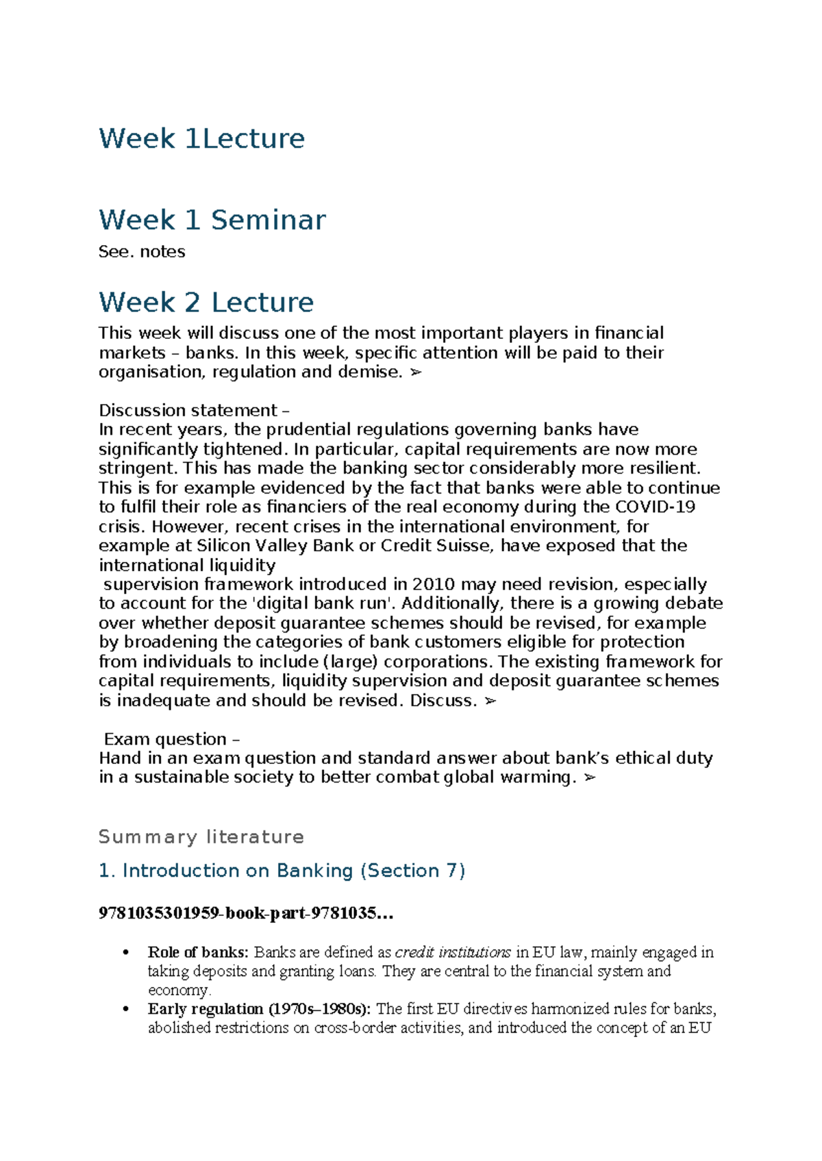 Financial Law - Week 1 & 2 Lecture Notes on Banking Regulation and ...