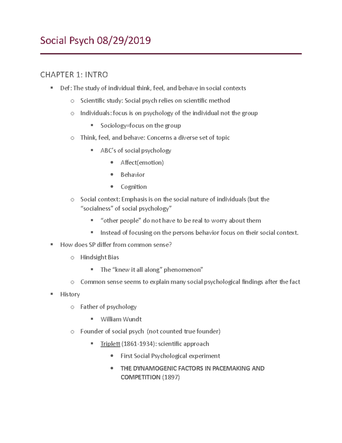 Social Psych 08 - Chapter 1 - Social Psych 08/29/ CHAPTER 1: INTRO Def ...