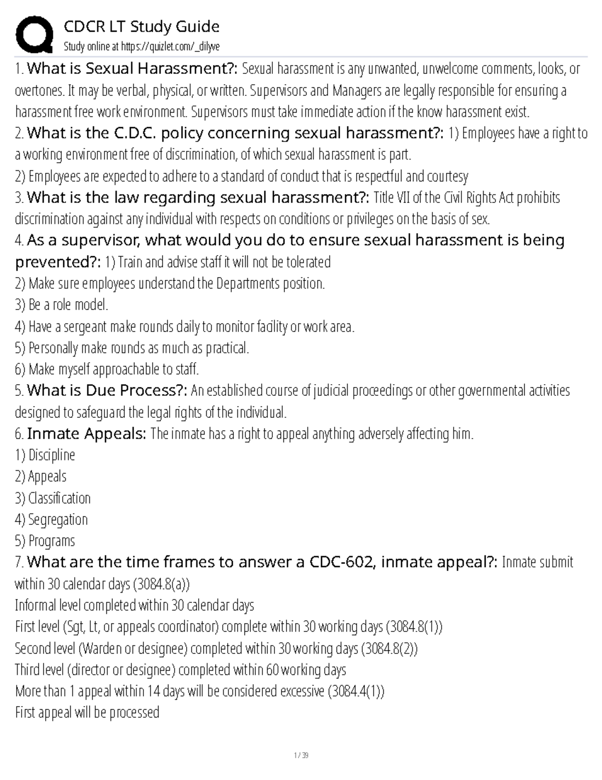 CDCR LT Study Guide: Understanding Sexual Harassment & Inmate Appeals ...