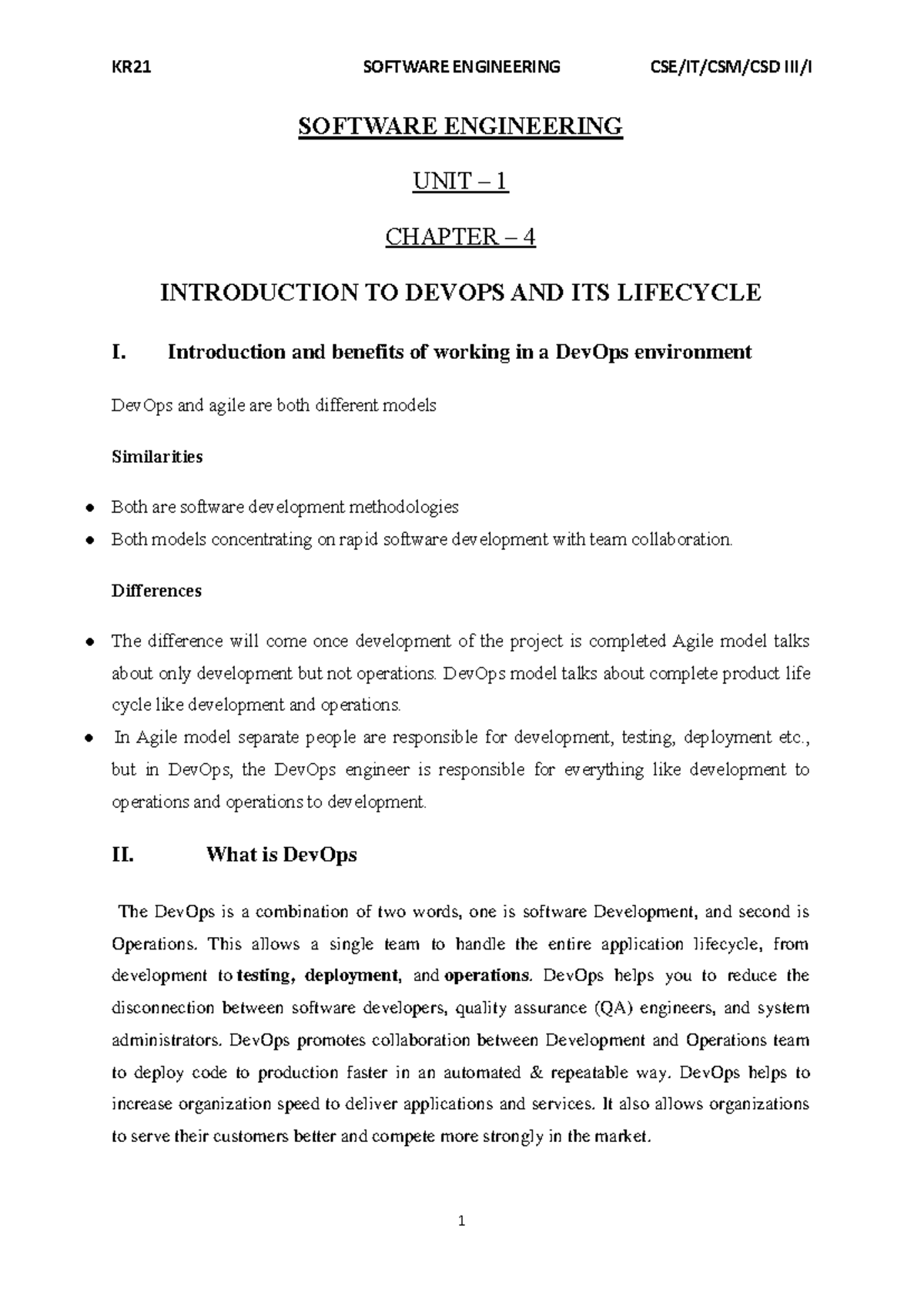Unit 1: Chapter 4 - Introduction to DevOps and Its Lifecycle - Studocu