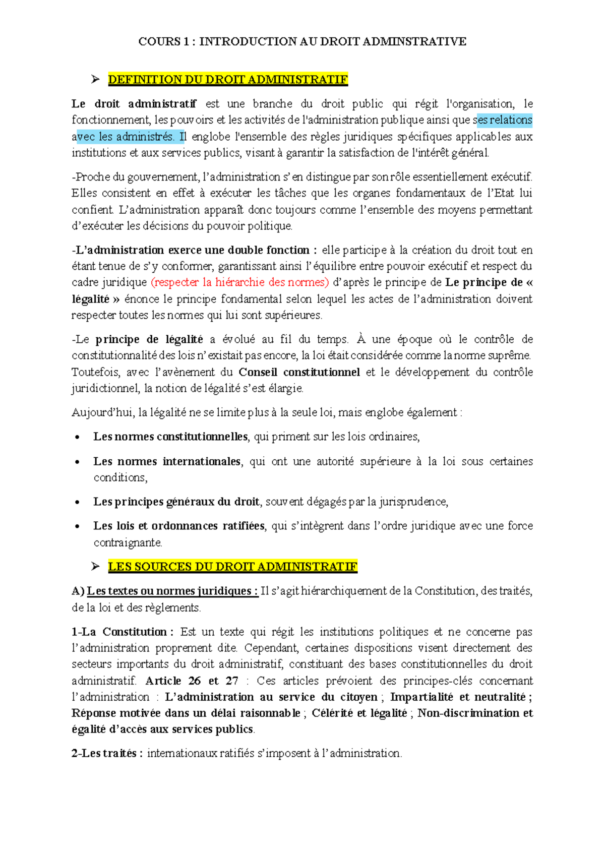 Cours 1 : Introduction au Droit Administratif et ses Sources - Studocu