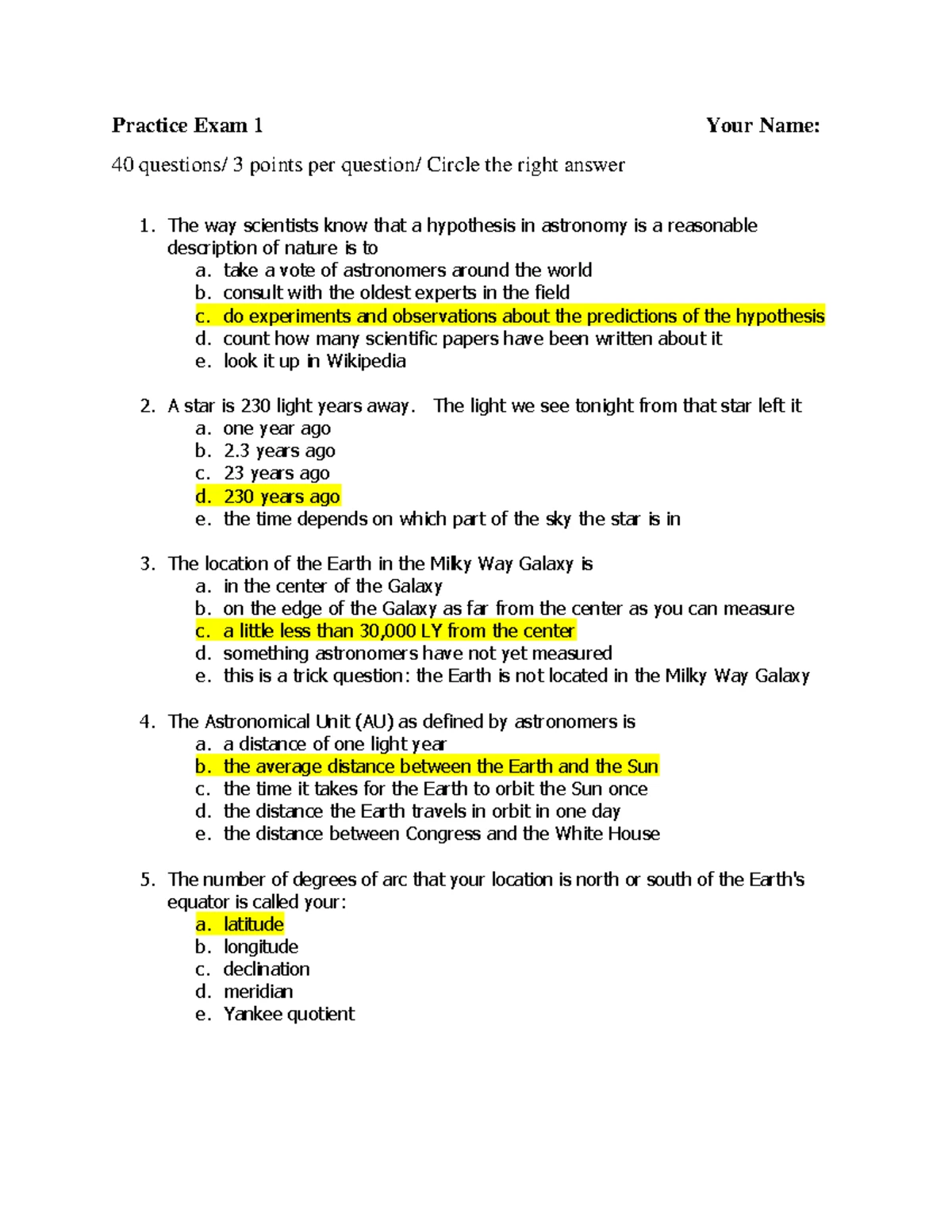 ASTR 111 Study Guide with Answer Key for Exam Preparation - Studocu