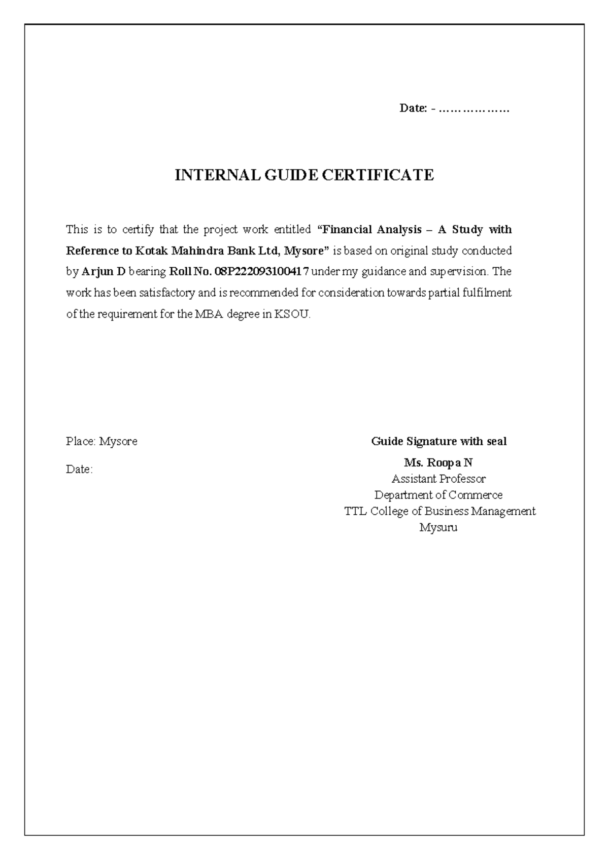 Guide - Summary of the Topic - Date: - .................. INTERNAL ...