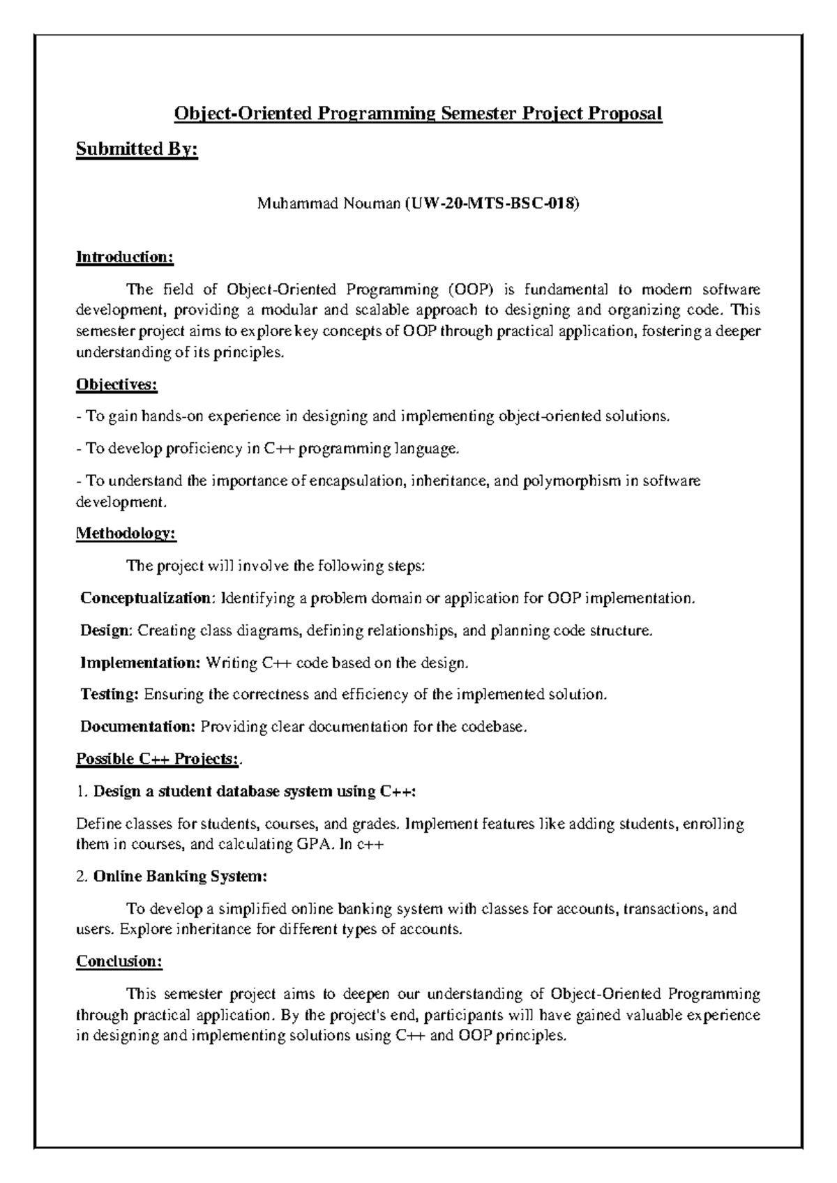 OOP LAB Project Proposal (UW-20-MTS-BSC-018): C++ Implementation ...