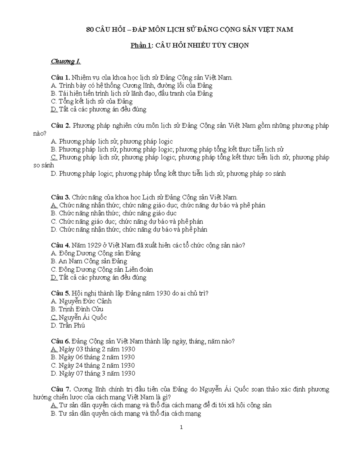 ÔN TẬP 80 CÂU HỎI Môn Lịch Sử Đảng Cộng Sản Việt Nam - Document Preview