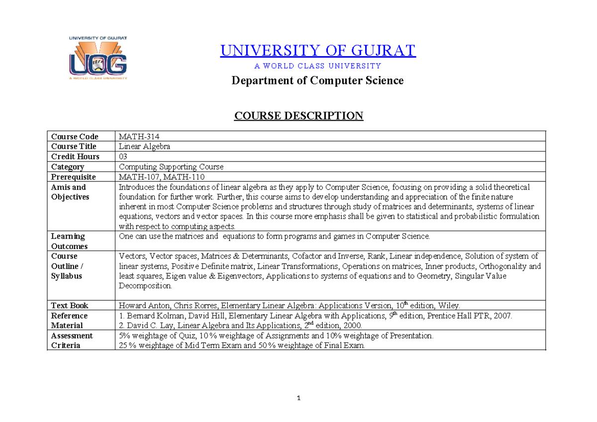 MATH-314 Linear Algebra Course Outline and Assessment Overview - Studocu