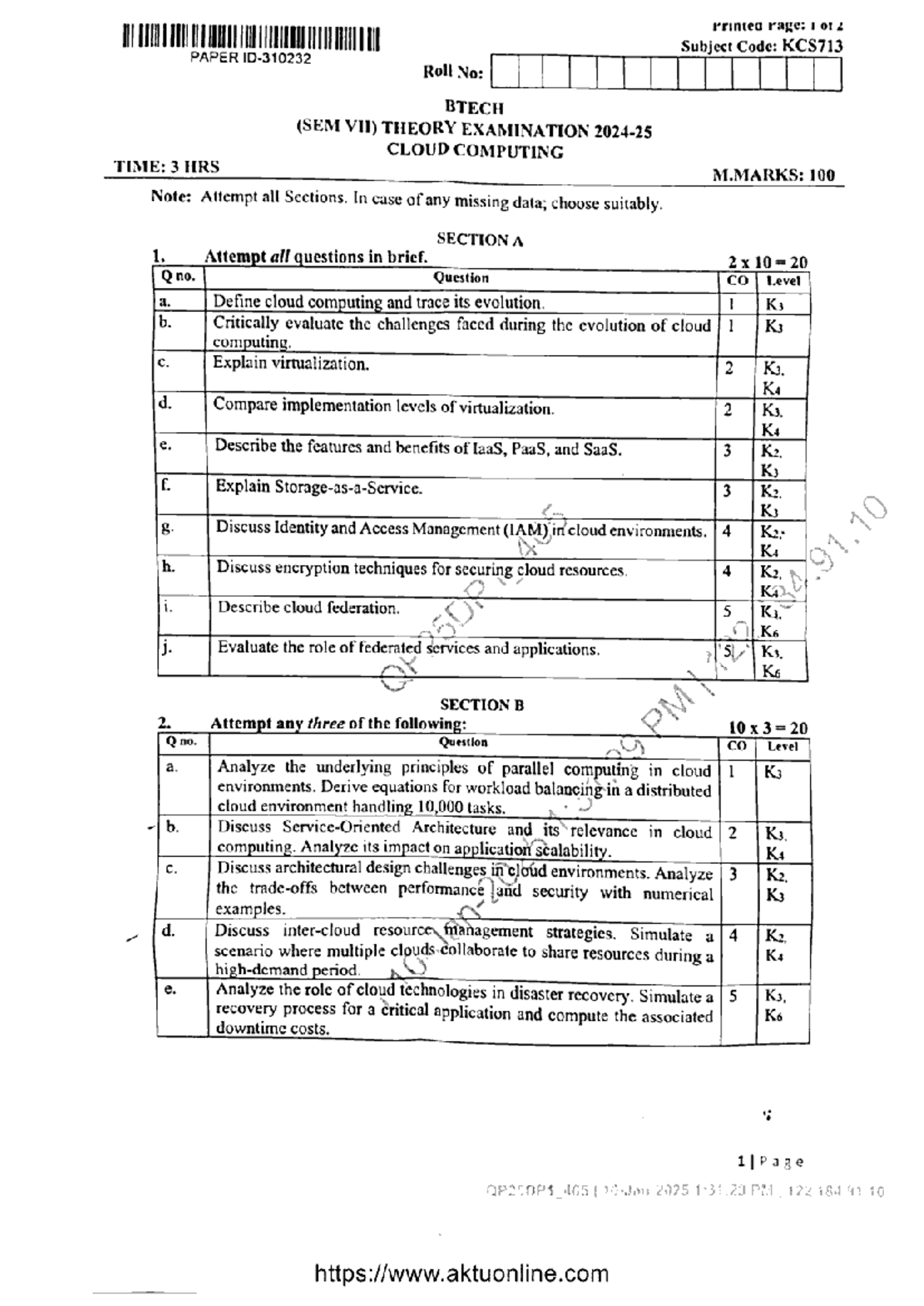 B.Tech CS 7 Sem Cloud Computing KCS713 Final Exam Jan 2025 Guide - Studocu