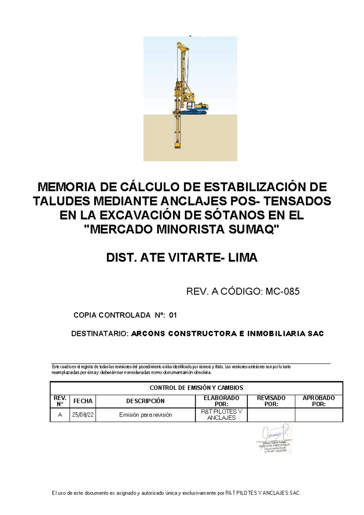 Memoria de Cálculo de Estabilización de Taludes con Anclajes - Proyecto Sumaq - Document Preview