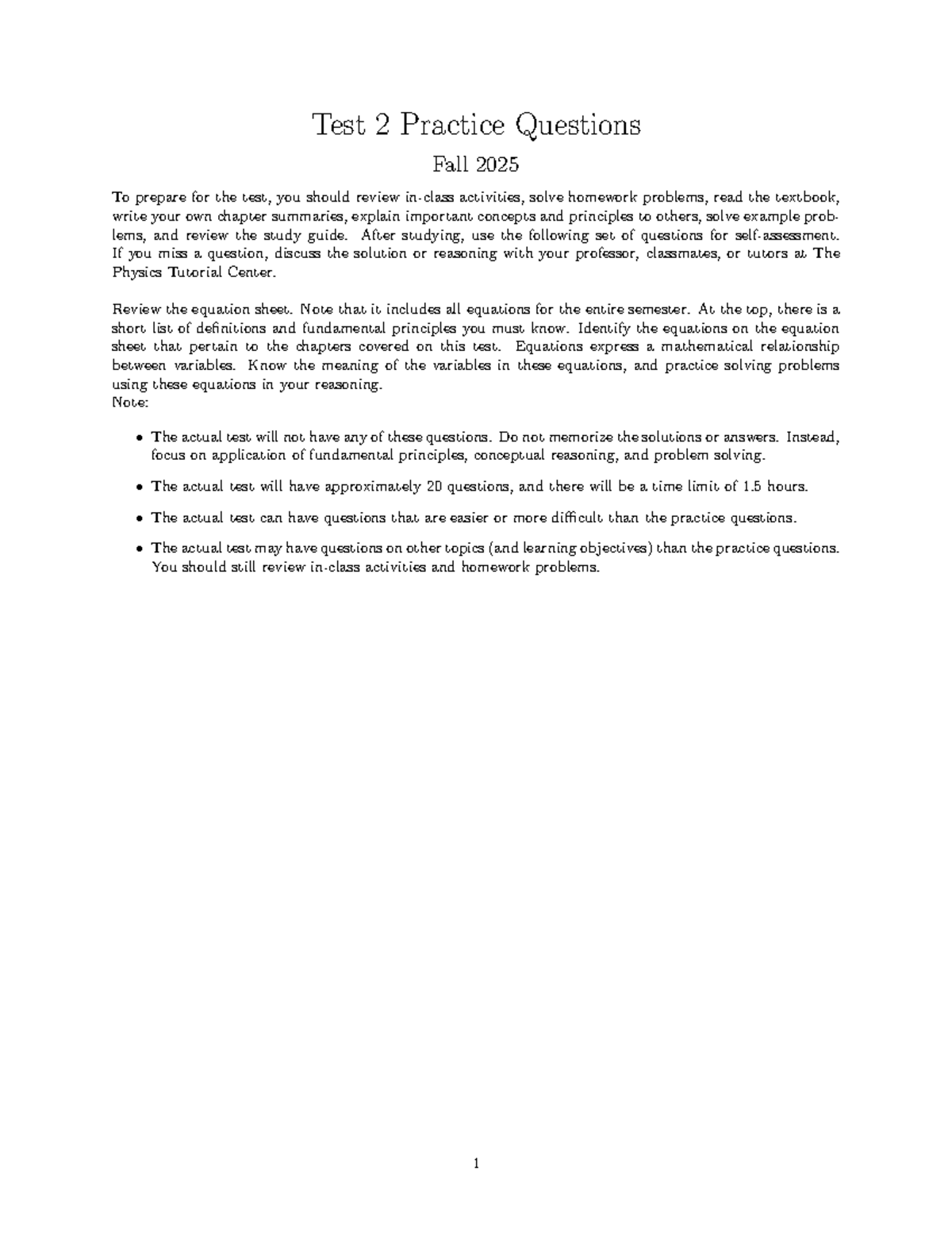 Test 2 Practice Questions for Physics 205 - Fall 2025 - Studocu