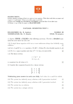 MAT02A2 SEMESTER TEST 2 MEMO MAY 2022 - LINEAR ALGEBRA SOLUTIONS - Studocu