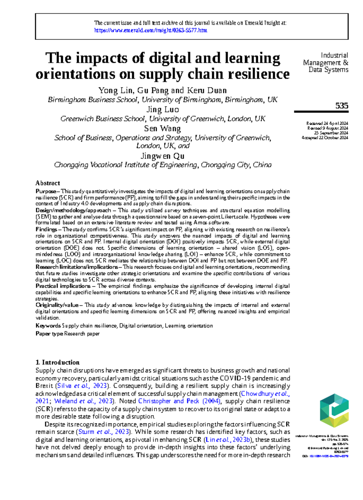 The Impacts of Digital and Learning Orientations on Supply Chain ...