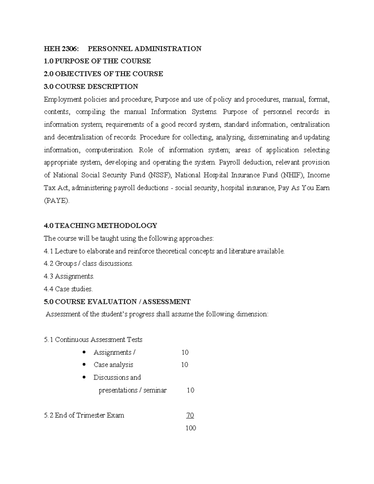 HEH 2306: Comprehensive Notes on Personnel Administration - Studocu