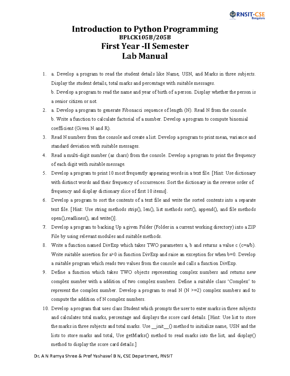CSE101 - Python Programming Lab Manual: Exercises & Solutions - Studocu