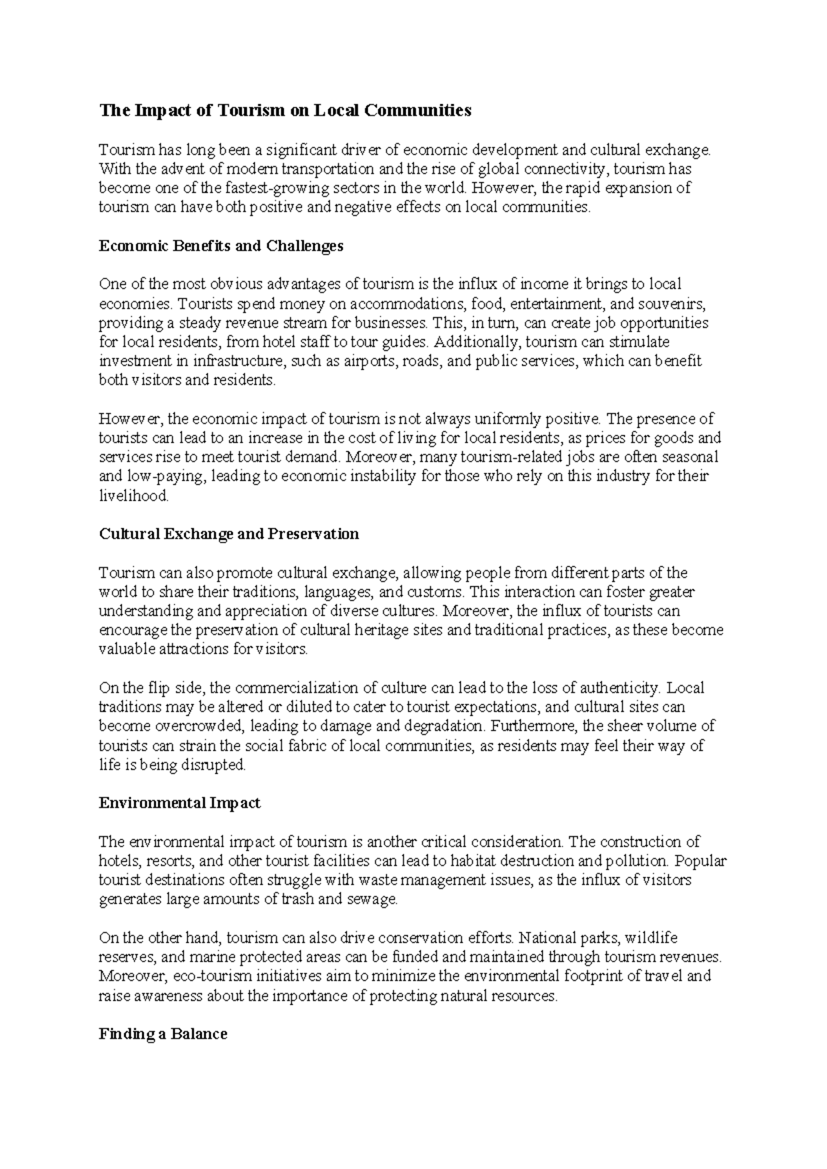 Reading B2+ - The Impact of Tourism on Local Communities Tourism has ...