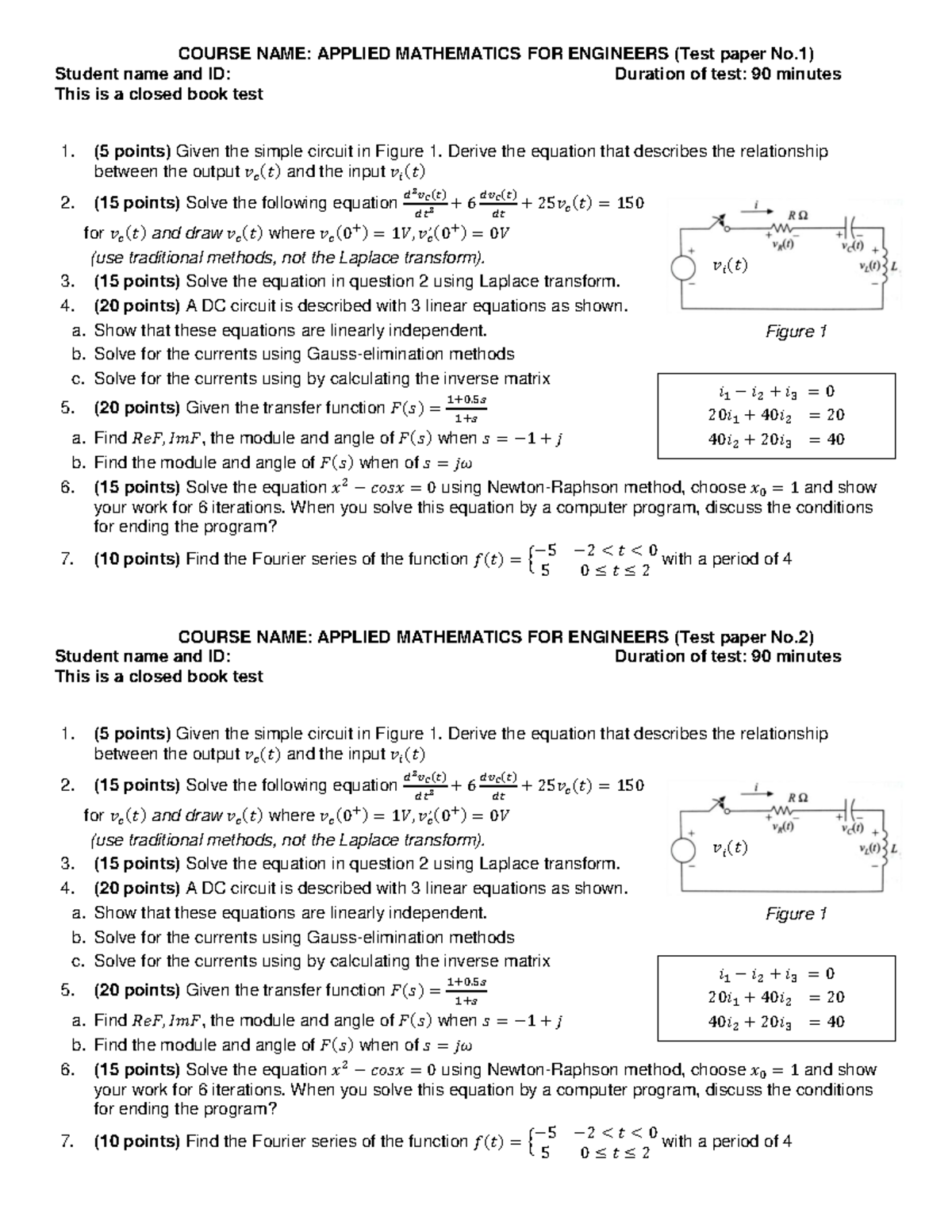Final Exam: APPLIED MATHEMATICS FOR ENGINEERS (Test Paper No. 1) - Studocu
