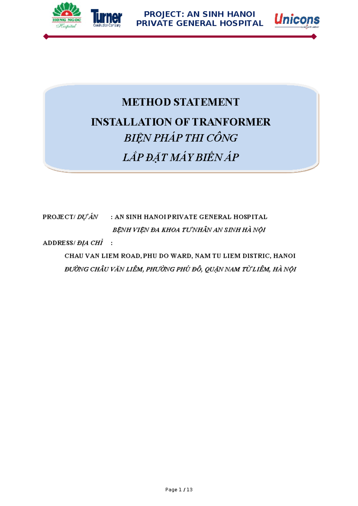 PROJECT: AN SINH HANOI PRIVATE GENERAL HOSPITAL - METHOD STATEMENT FOR ...