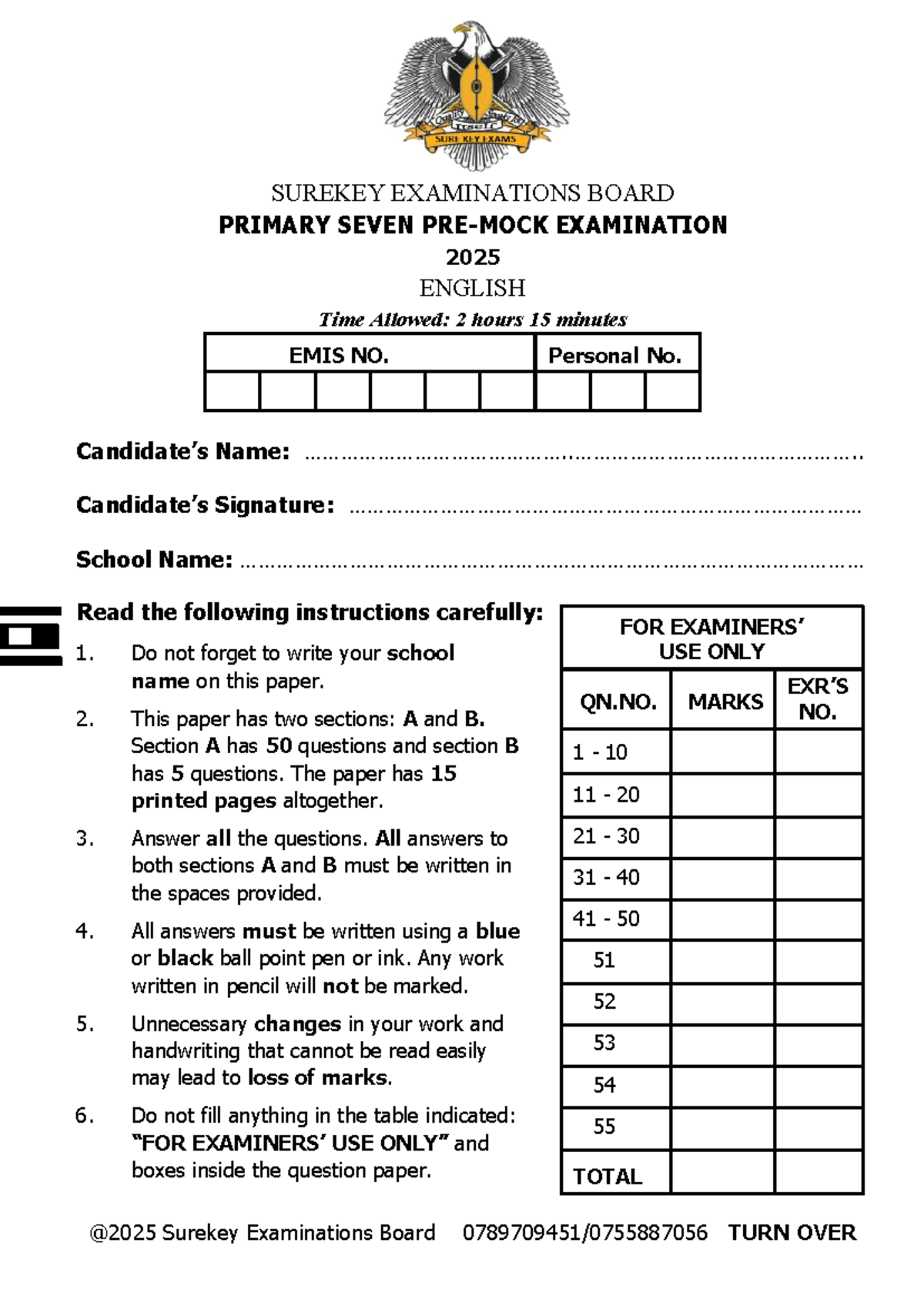 P7 Surekey Pre-Mock 2025 English Exam Paper - Studocu