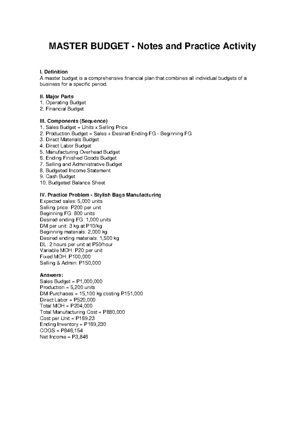 Master Budget Notes & Practice Activity for Financial Planning - Studocu