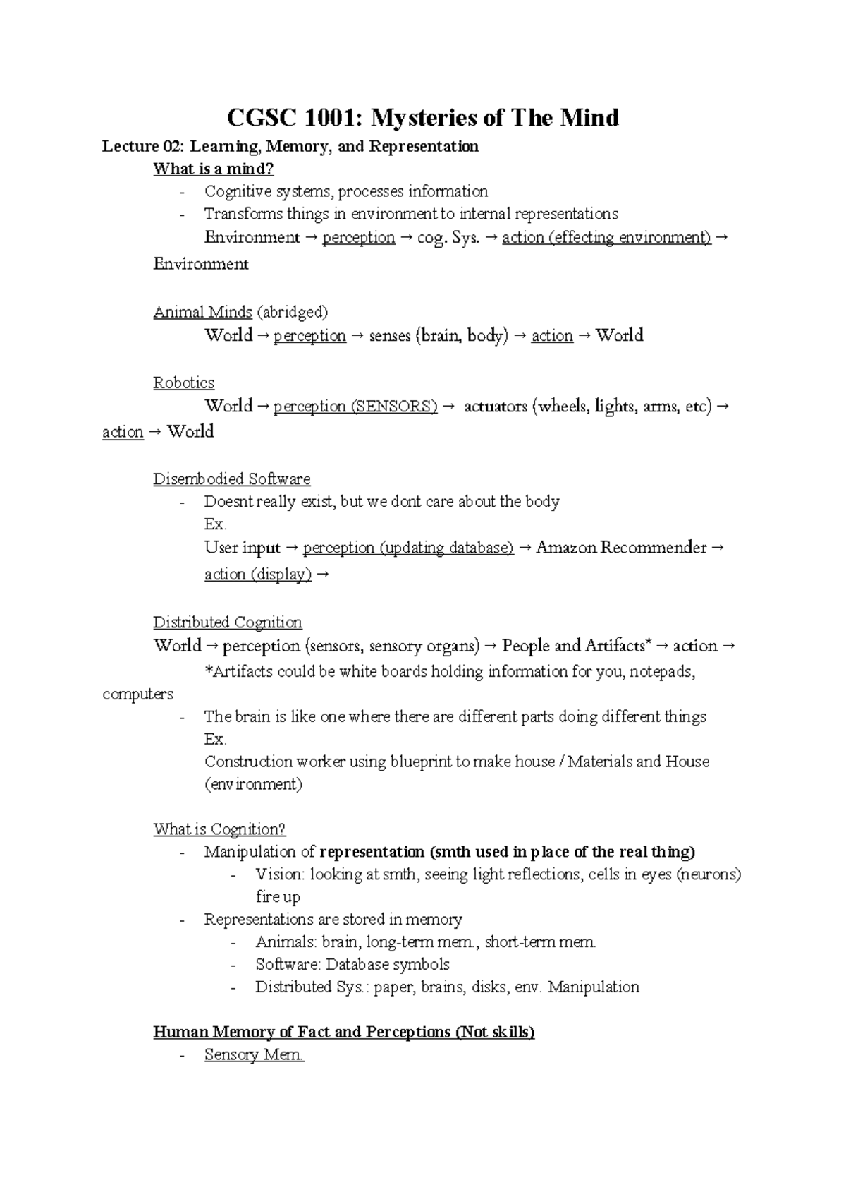 CGSC 1001: Comprehensive Notes on Cognitive Psychology and Essays - Studocu