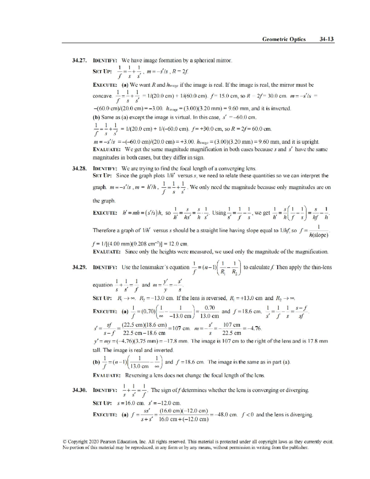 Geometric Optics Exam Solutions: Spherical Mirrors & Lenses (34.27-34. ...