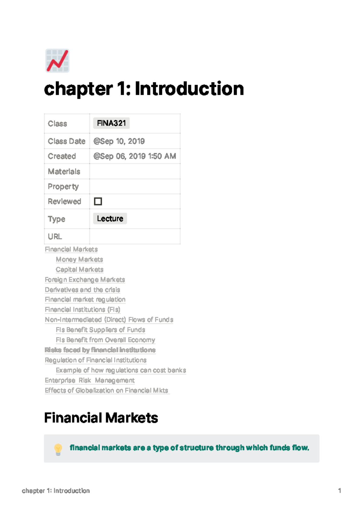 FINA 321 Lecture Notes: Chapter 1 - Introduction to Financial Markets ...