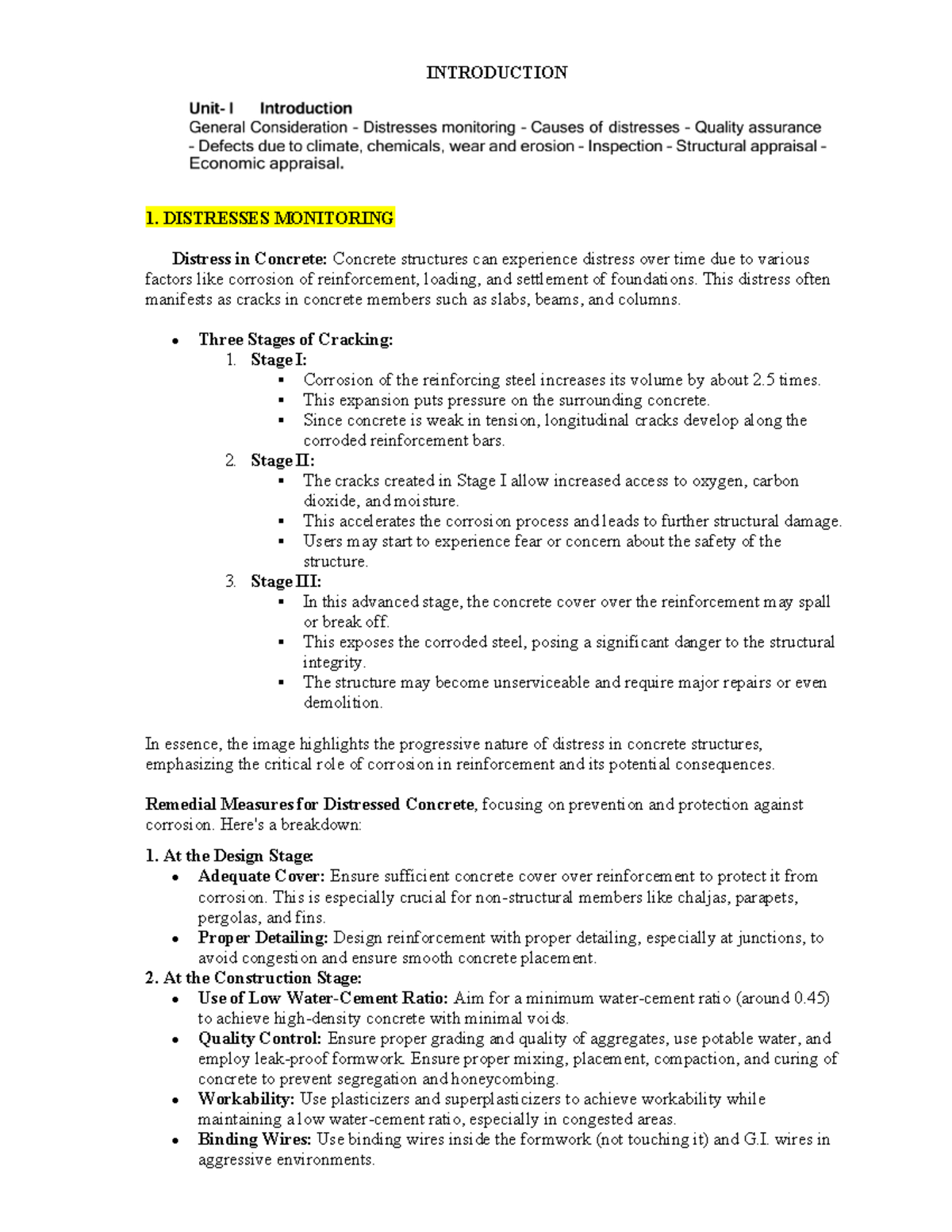 UNIT 1 - Unit 1 - INTRODUCTION 1. DISTRESSES MONITORING Distress in ...