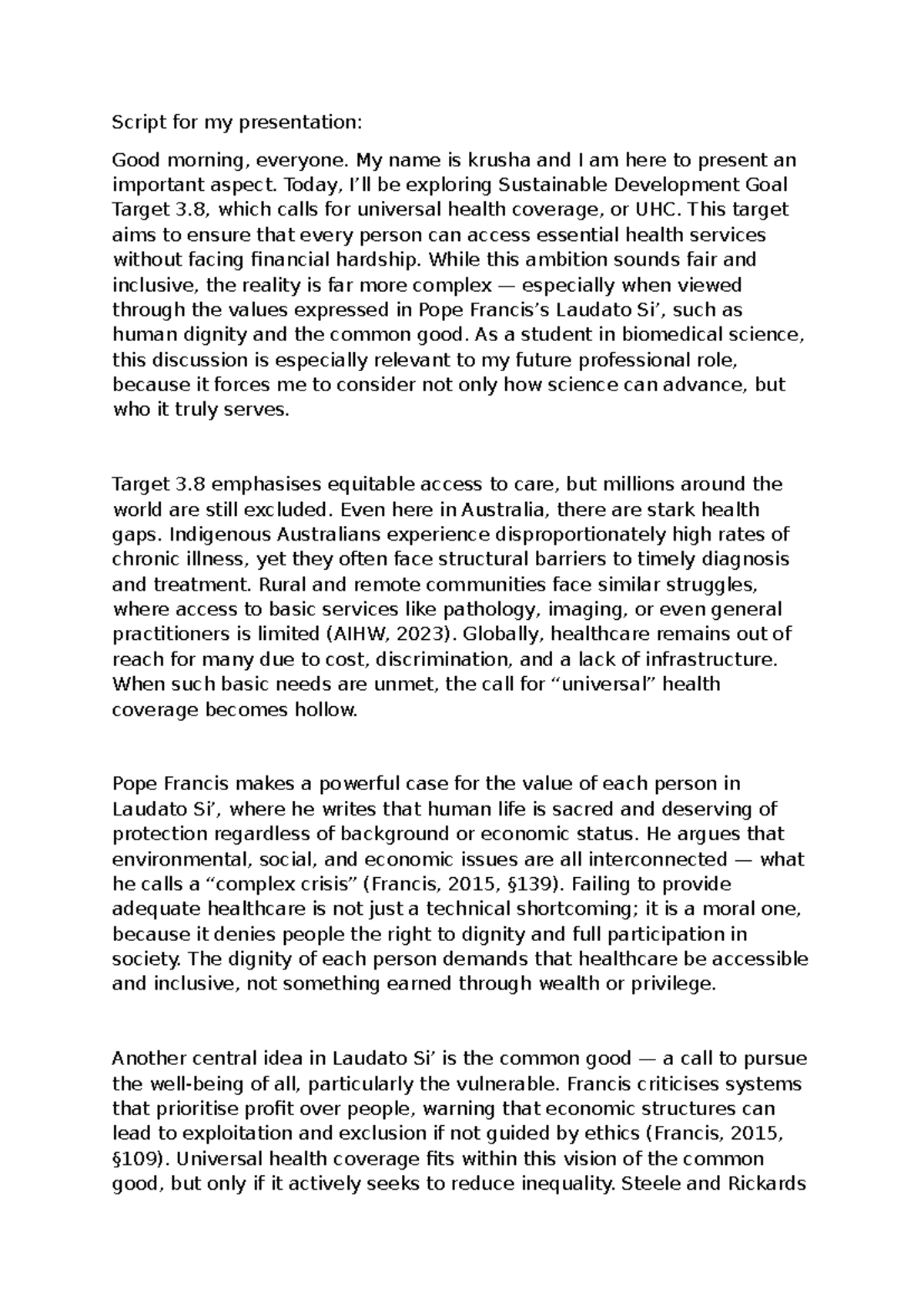 UNCC300 Assessment 2: Presentation on UHC & Laudato Values - Studocu