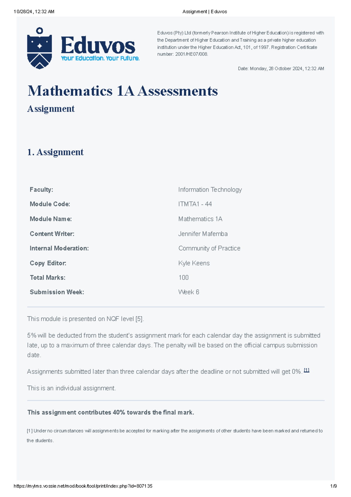 Mathematics 1A Assignment ITMTA1 - Eduvos Information Technology - Studocu