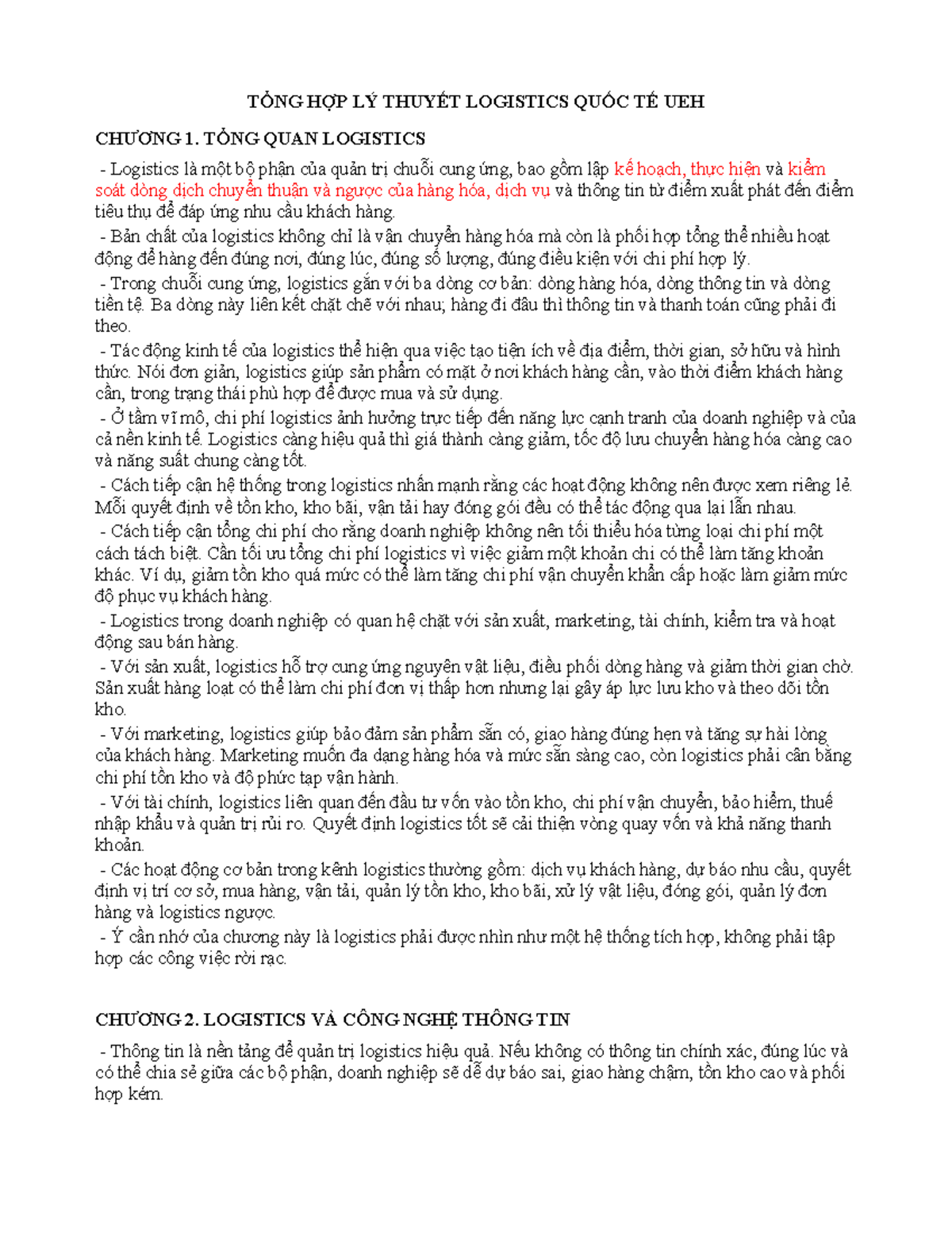 Tóm Tắt Lý Thuyết Logistics Quốc Tế UEH - Chương 1 đến 13 - Document Preview