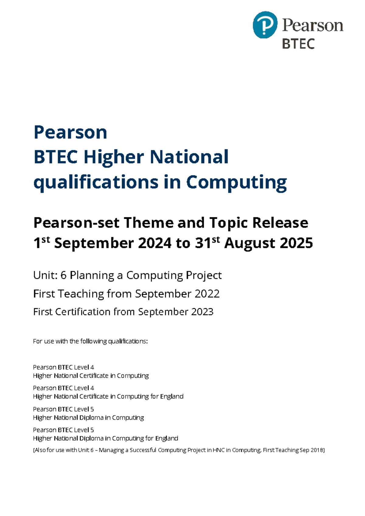 BTEC HN Computing Unit 6: Planning a Computing Project Release 2024 ...