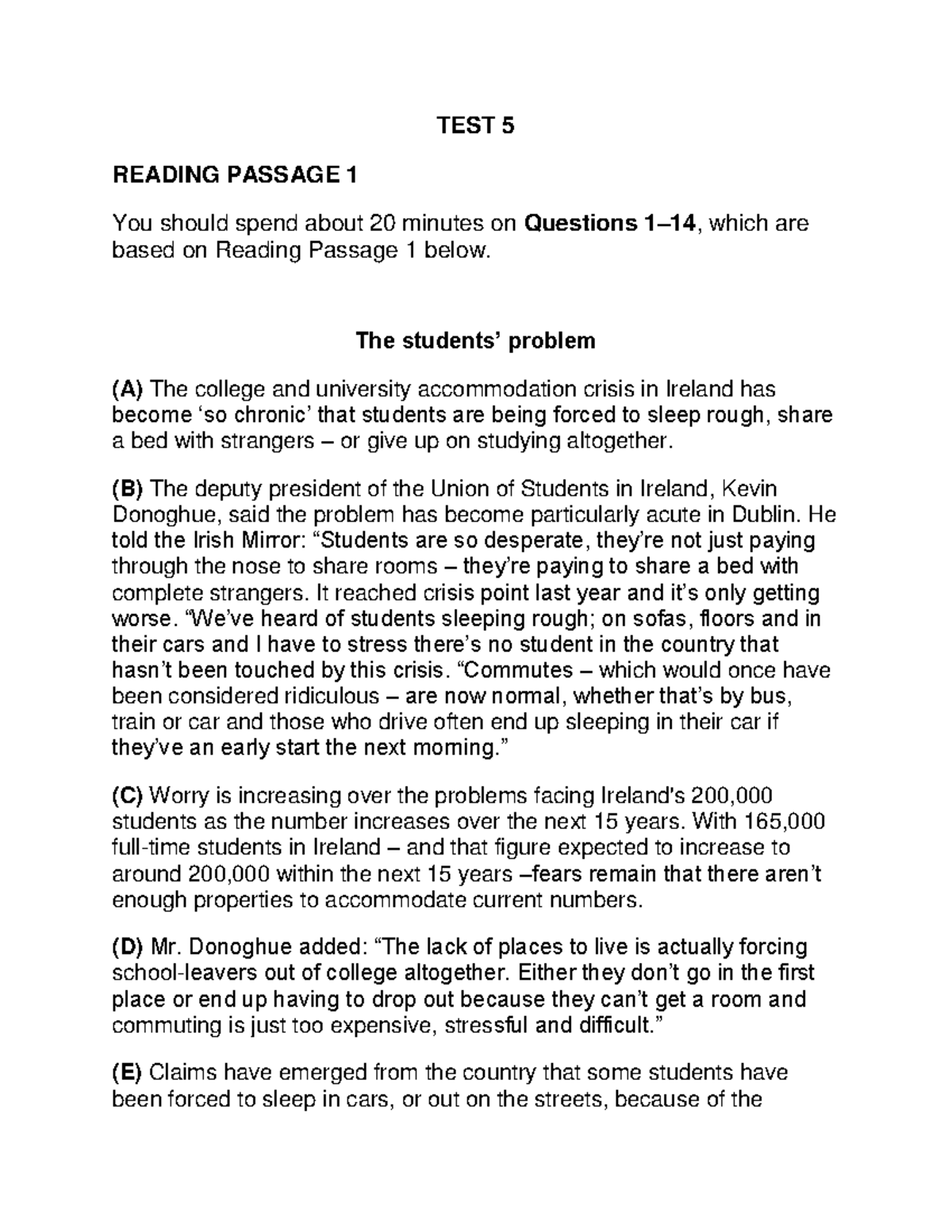 Test 5 - Reading Passage Analysis and Questions - Studocu