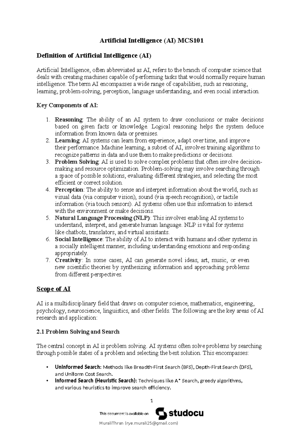 AI MCS101: Comprehensive Exam Notes on Artificial Intelligence - Studocu