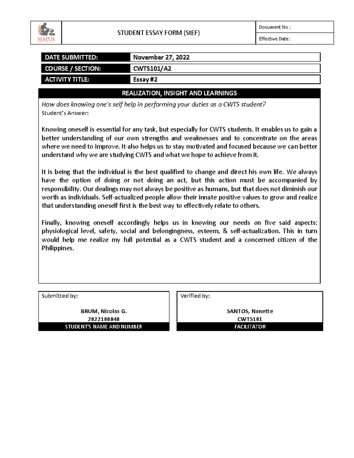 HHHH-CWTS101-A2-E2 - STUDENT ESSAY FORM (StEF) Document No.: Effective ...