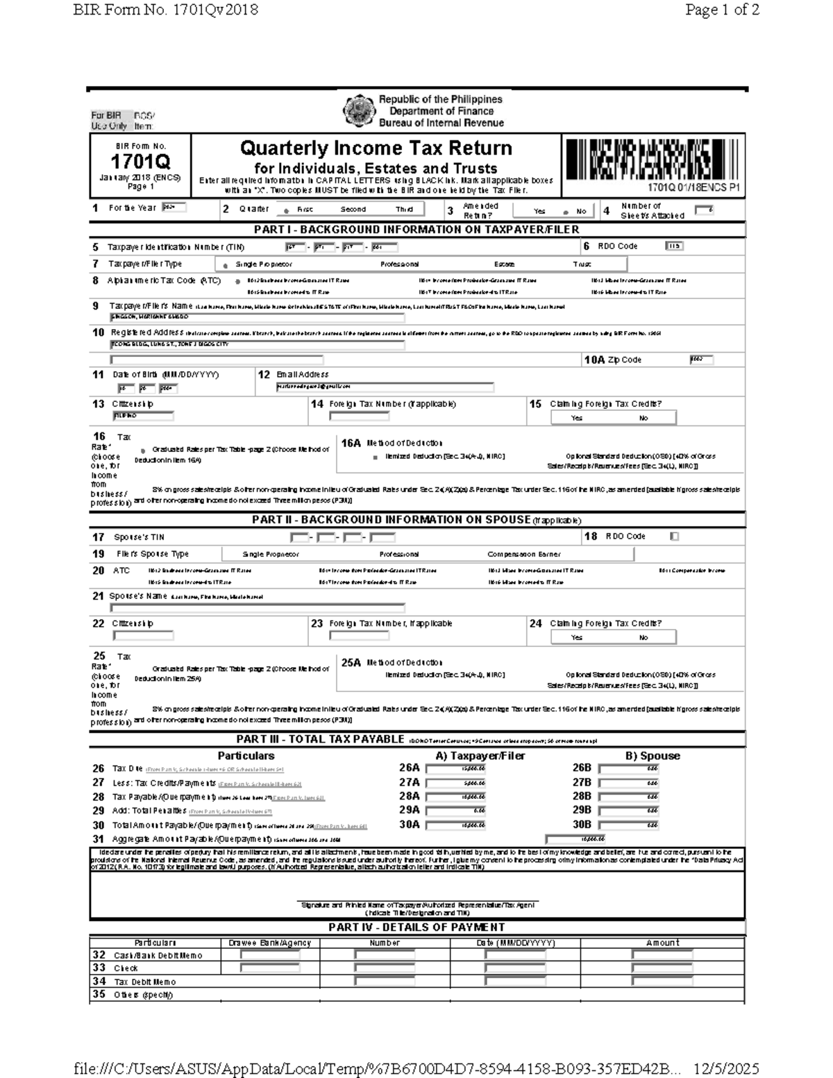 BIR Form No. 1701Q 2018 Quarterly Income Tax Return - Q1 Itemized - Studocu