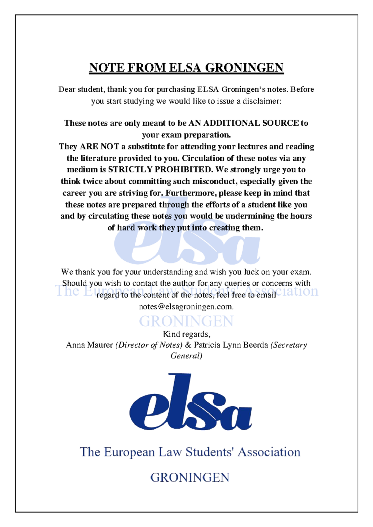 Legal History Overview - ELSA Note Taking Guide - Studeersnel