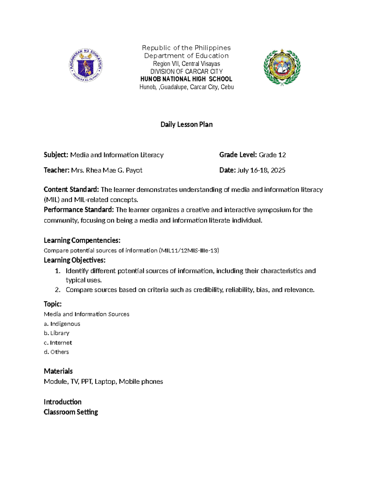 Grade 12 MIL Daily Lesson Plan: Media & Information Sources - Studocu