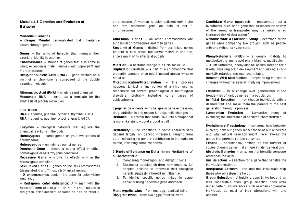 Module 4 - Genetics and Evolution of Behavior Overview - Studocu